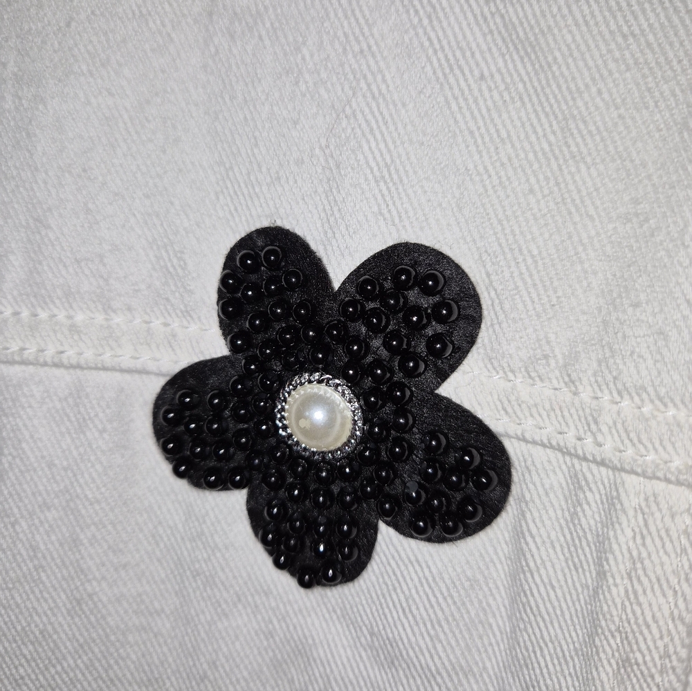 POL Women's White Jean Jacket with Black Floral Design - Picture 3 of 4